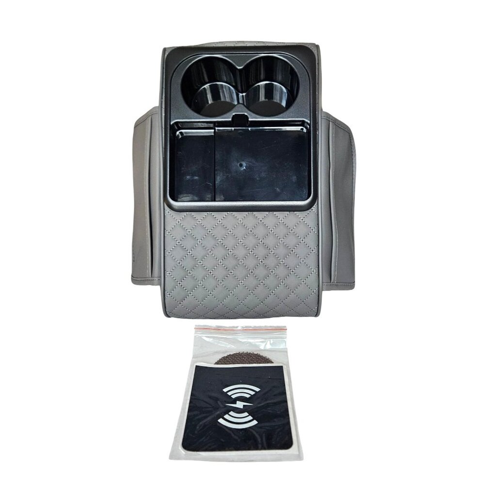 Car Armrest Storage Box Cup Holders Wireless Charging Pad & Side Pockets Gray
